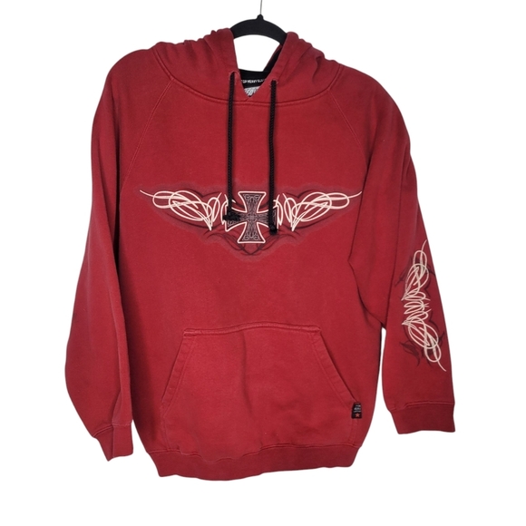 Vintage Y2K Top Heavy Iron Cross Tribal Pullover Hoodie in Red Size Medium - Picture 1 of 10